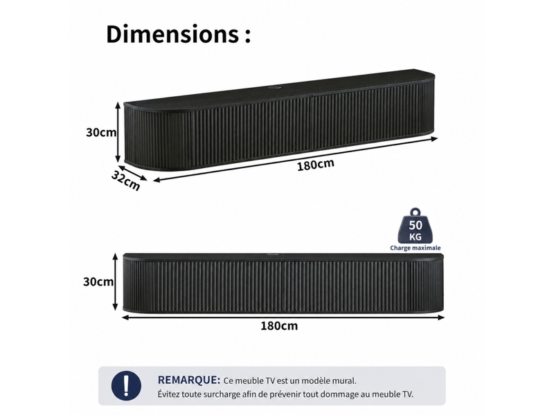  Meuble tv mural suspendu noir – 180 x 32 x 30 cm – passe-câbles et portes rainurées  - Conforama D