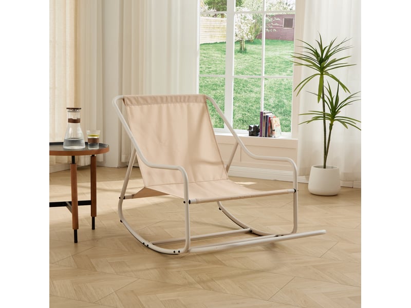  Fauteuil à bascule extérieur 75x116x82 cm en acier beige avec coussin épais  - Conforama E
