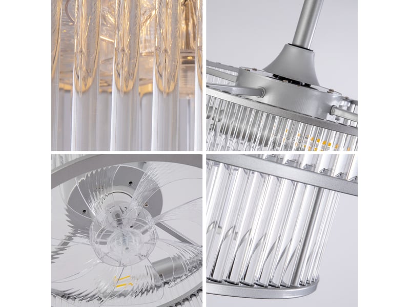  Ventilateur de plafond 19 pouces en verre et métal argenté, avec télécommande, app bluetooth, 6 vitesses, silencieux  - Conforama D
