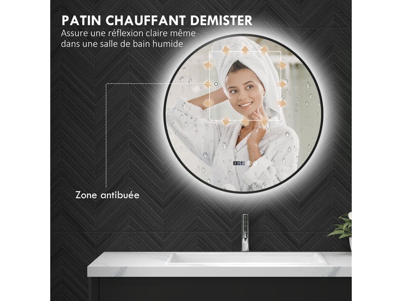 Miroir salle de bain rond led intensité variable anti-buée tactile noir, compatible maison  - Conforama D