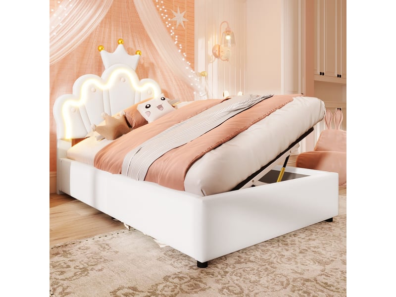 Lit 90x200 cm avec led, rangement hydraulique, tête réglable, blanc et rose - Conforama D