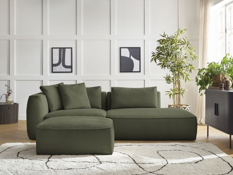 Bobochic canapé droit fixe 3 places leopold velours côtelé avec pouf vert clair accoudoir gauche LEOPOLD - Conforama C