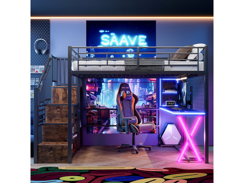  Lit mezzanine 140x200 cm avec éclairage led et bureau, lit double avec échelle de rangement et armoire, noir  - Conforama R