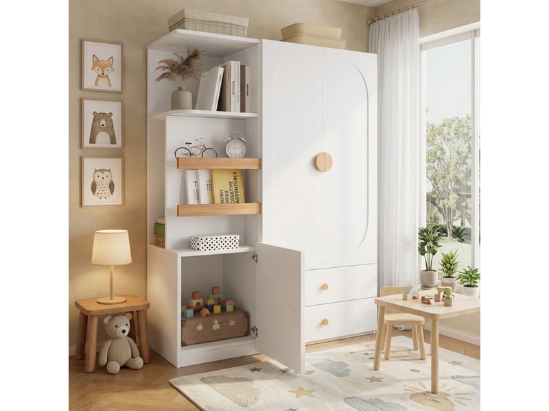  Armoire de rangement avec penderie, étagères ouvertes et 2 tiroirs - lpospi - mdf blanc et naturel  - Conforama C