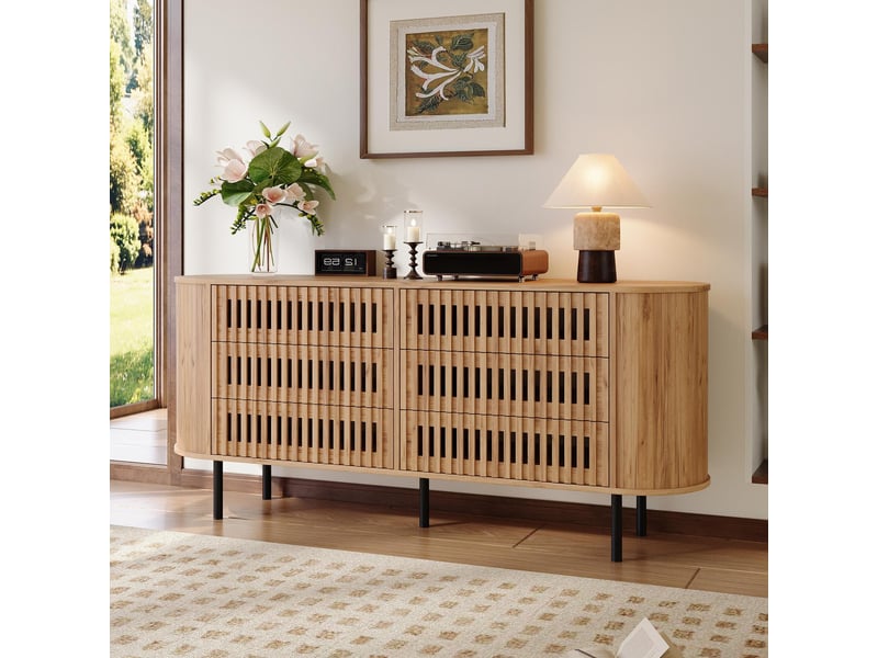  Commode 6 tiroirs - 160x40x70cm - commode basse de salon avec côtelés ajourés &amp; angles arrondis - bois naturel  - Conforama C