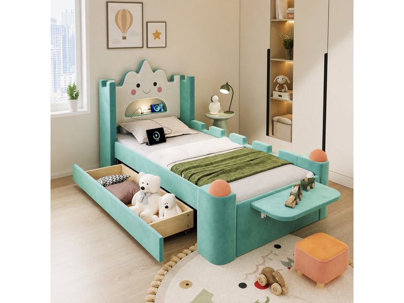  Lit enfant 90x200 cm avec tête de lit nuage, avec lampe led usb et tiroir de rangement, bois, bleu-vert, sans matelas  - Conforama B
