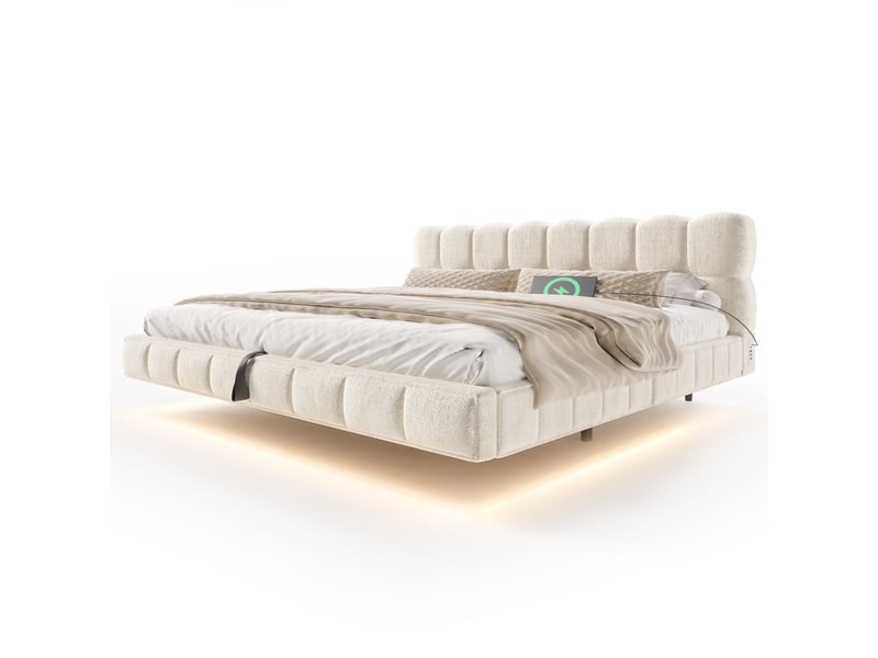 Lit coffre hydraulique 180x200 cm avec led, usb-c, tête de lit capitonnée design nuage, lit double en chenille avec rangement - beige - Conforama A