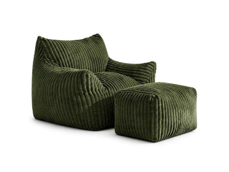  Fauteuil lounge avec pouf assorti 100x90x70 cm, tissu côtelé effet flanelle, rembourrage en mousse, fauteuil de détente - vert  - Conforama A