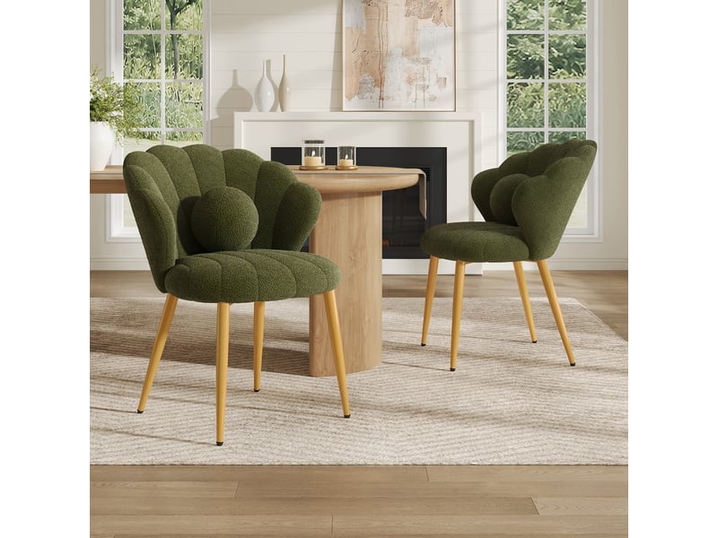  Chaise verte en tissu teddy, set de 2, design coquille, coussin perles, pieds métalliques dorés, stable jusqu'à 150kg  - Conforama D
