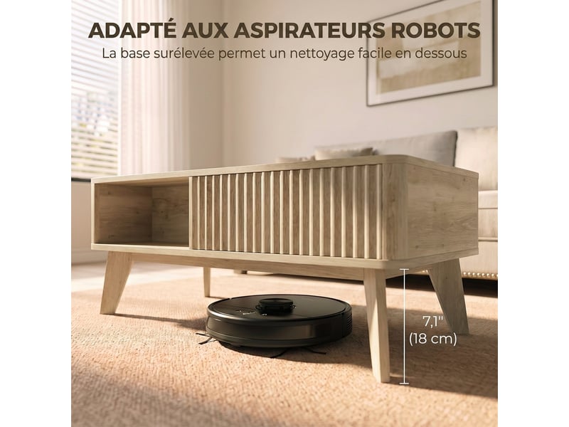  Table basse relevable, compartiment caché, 2 étagères ouvertes, coins arrondis, style mid-century, 100x48x41cm, chêne  - Conforama R