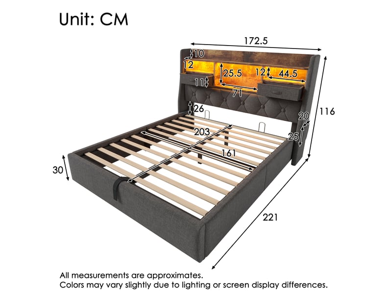 Lit coffre 160 × 200 cm 2 places avec led, usb, type-c, rangement hydraulique, matelas inclus, tissu gris  - Conforama D