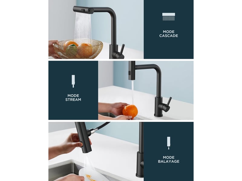  Robinet de cuisine cascade noir – rotatif à 360°, mitigeur avec douchette  - Conforama D
