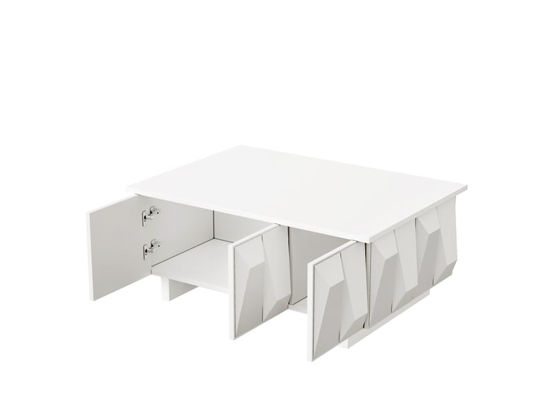  Table basse 95x67 cm blanche en panneau de particules, 3 portes à façades 3d et rangement pour salon  - Conforama E