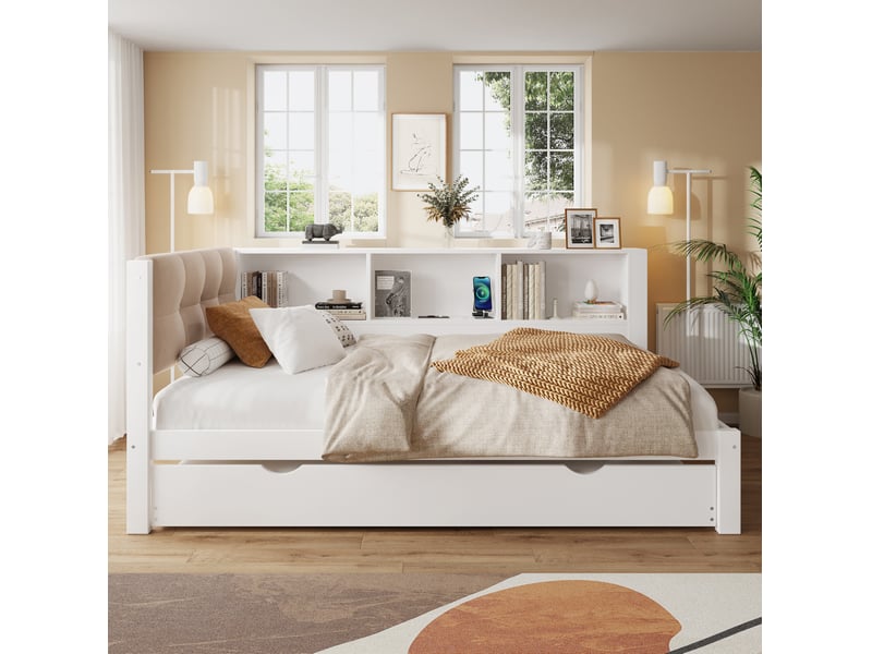  Lit gigogne 90x200 cm avec étagères, led et usb, blanc  - Conforama B
