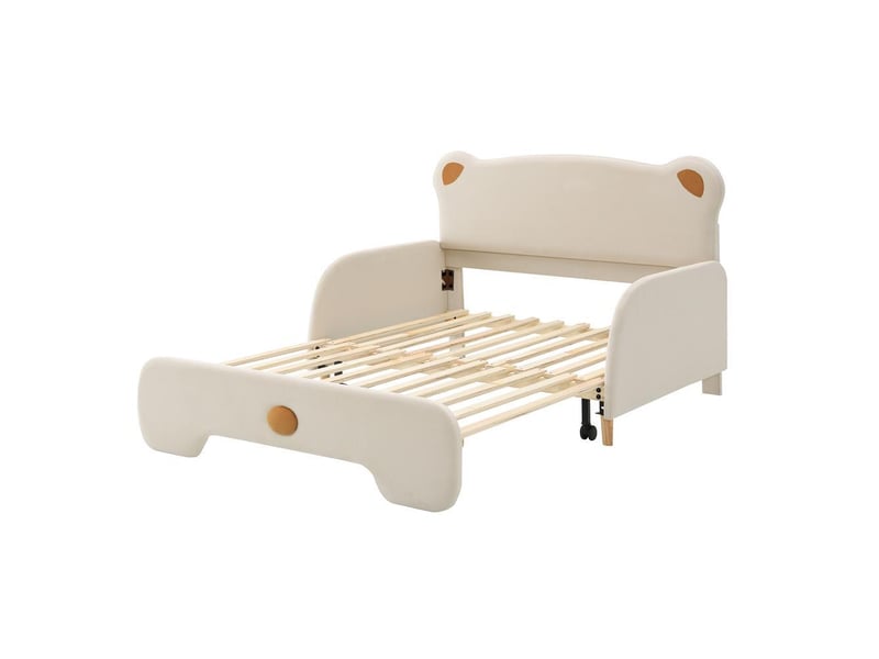  Lit 140x200cm en velours, forme d'ours, bords protecteurs rembourrés, sommier lattes bois, tirelit pour enfant, sans matelas, beige  - Conforama R