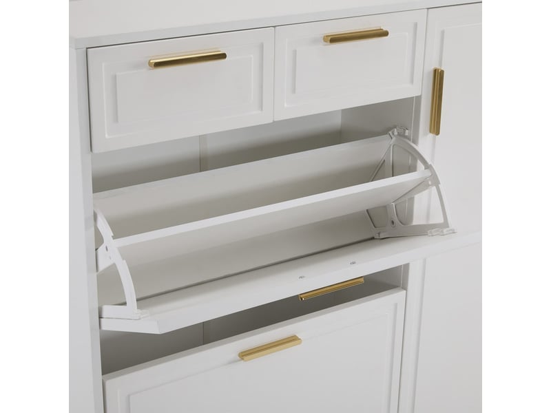  Meuble à chaussures, étagères réglables, poignées dorées, 2 tiroirs, clapets chaussures et 2 portes, l120 x p24 x h107 cm, blanc  - Conforama E