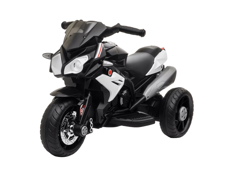 Tricycle électrique pour enfants à 3 roues, batterie rechargeable 6v, fonctions musicales, klaxon, phares, 86 x 42 x 52 cm, noir et blanc - Conforama A