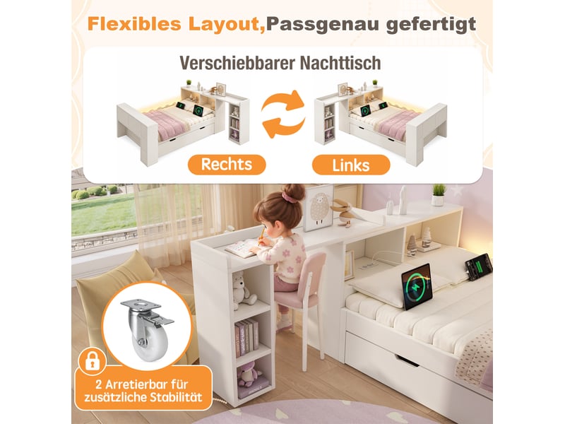  Lit gigogne avec sommier à lattes, niches de rangement, tablette coulissante et éclairage led, en bois blanc  - Conforama E