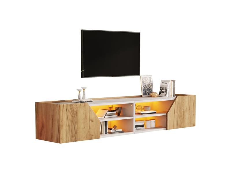  Meuble tv mural 180 cm blanc et naturel, led bluetooth, 2 portes, 6 rangements et passe-câbles Fay Lum - Conforama A
