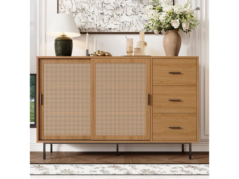  Buffet avec 2 portes coulissantes en rotin et 3 tiroirs, pour salon, panneau de particules, 140 x 37 x 91 cm  - Conforama C