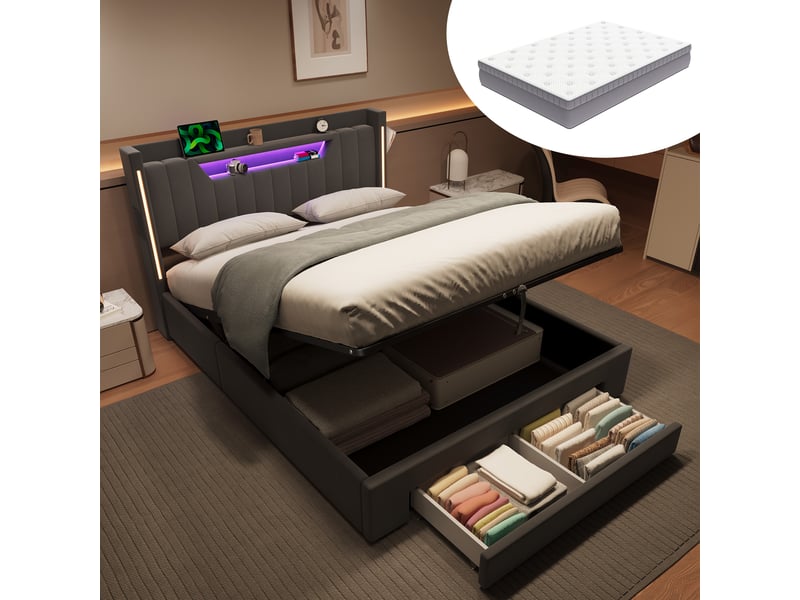  Lit rembourré 140 × 200 cm 2 places avec matelas et poches latérales, lit pour enfant avec tiroirs et éclairage led, lit fonctionnel avec coffre de rangement, gris  - Conforama B