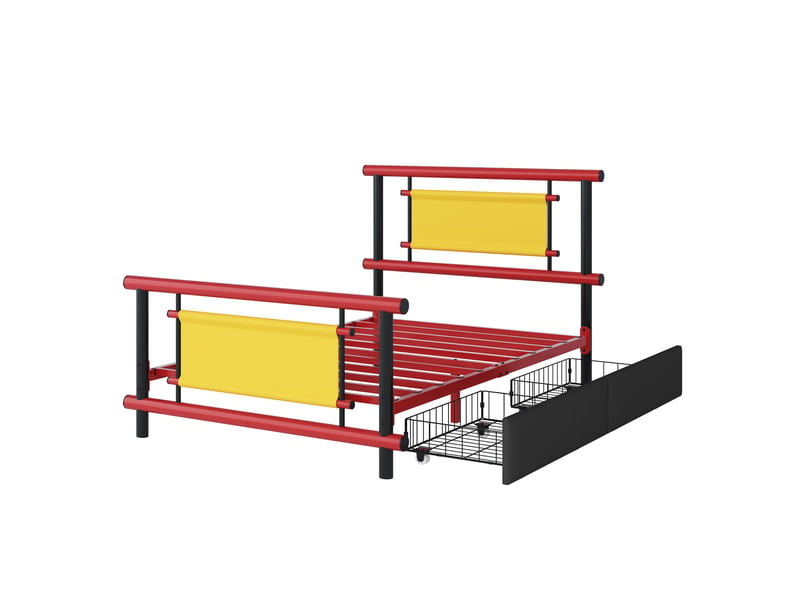  Lit enfant métal 90x200 rouge avec tiroirs - structure en acier robuste, lit simple gain de place  - Conforama W