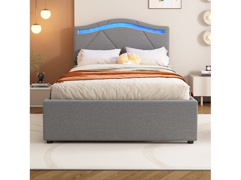  Lit avec rangement 90x200 cm gris en lin avec led, 2 tiroirs et tête de lit réglable  - Conforama E