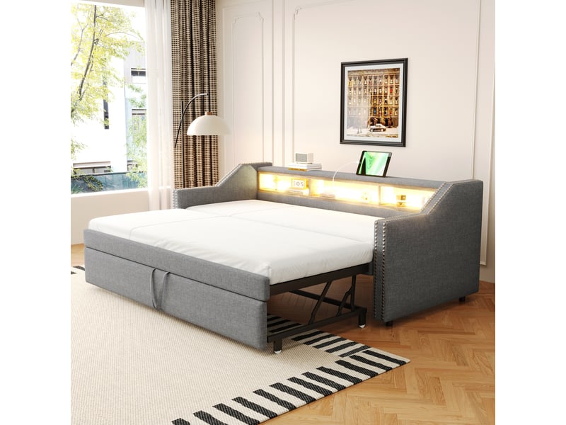  Lit convertible en toile de jute gris clair 102x203,5 cm  - Conforama D