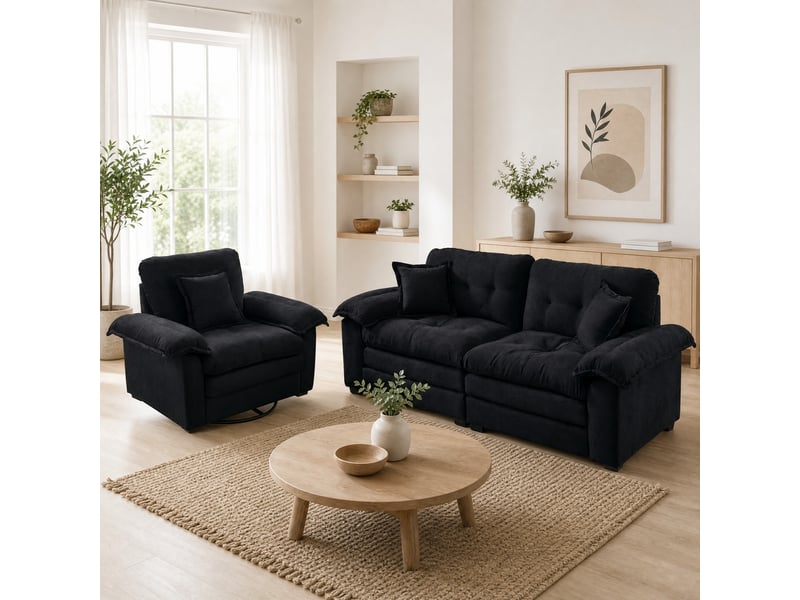 Ensemble canapé 2 places et fauteuil à assise profonde - fauteuil pivotant, chenille noir - Conforama B