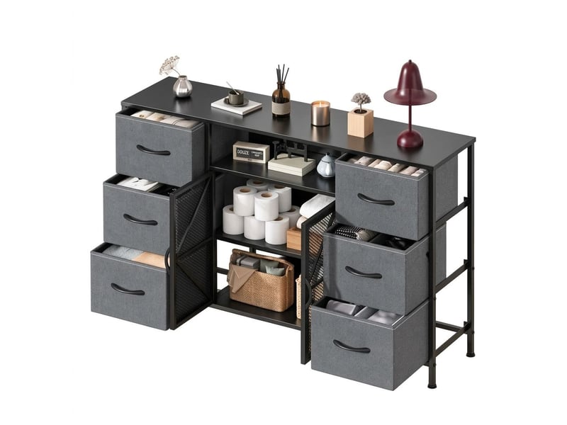 Meuble tv commode 120x30x75 cm six tiroirs tissu et portes metal gris fonce  - Conforama A