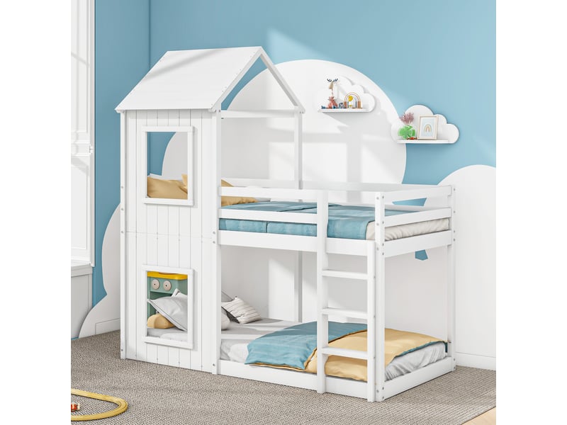  Lit superposé 90x200 lit cabane enfant avec échelle et baldaquin bois massif blanc  - Conforama W
