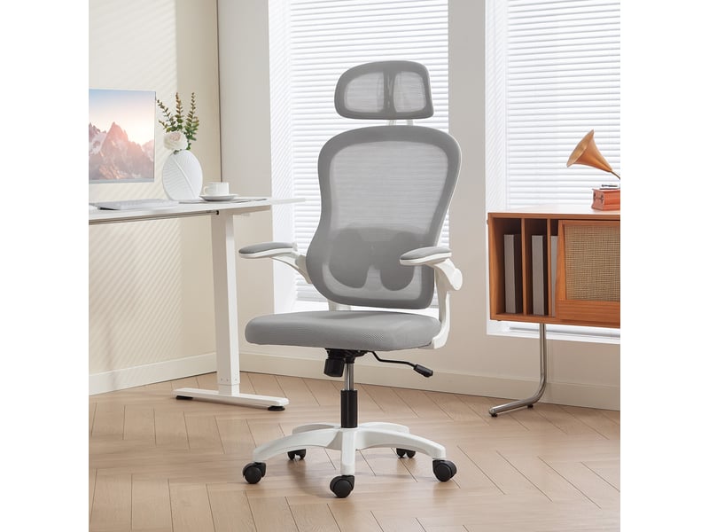  Chaise de bureau ergonomique avec dossier en maille, réglable en hauteur, accoudoirs rabattables, 5 roulettes, fonction bascule, grise  - Conforama D