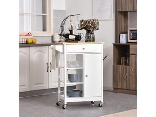 Desserte de cuisine gain de place en mdf avec plan de travail en hévéa, tiroir, placard, 3 étagères, étagères réglables, porte-torchons et roulettes pivotantes, 66 x 39,5 x 86,5 cm, blanc