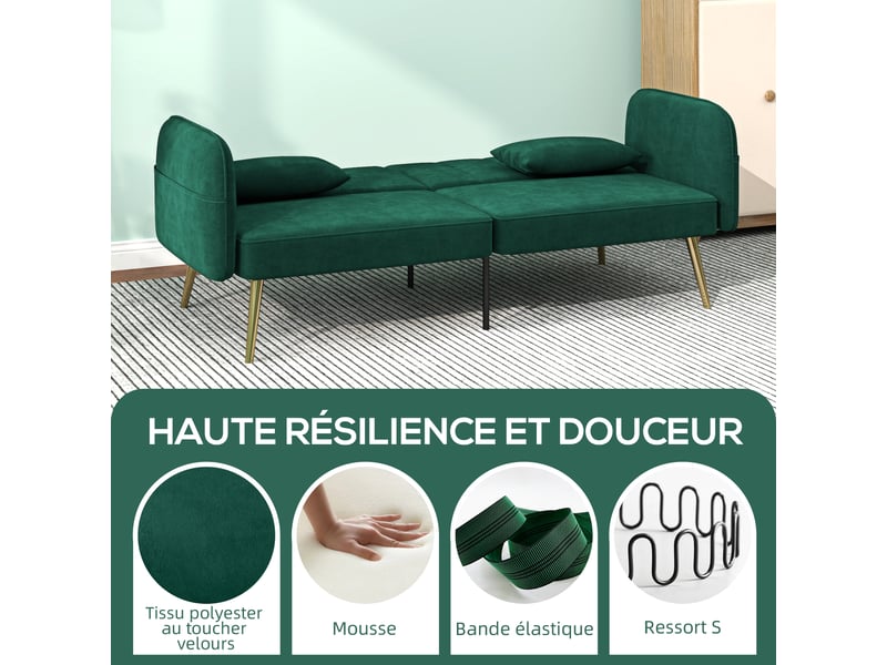  Canapé convertible 2 places canapé-lit canapé clic-clac en tissu velours avec réglable dossier, vert foncé  - Conforama R