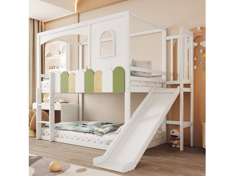  Lit mezzanine enfant 90 × 200 cm 1 place avec toboggan, échelle de sécurité et rangement, sans matelas, bois blanc  - Conforama C