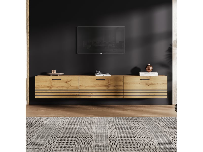  Meuble tv mural 160x30x25,5 cm avec 3 tiroirs, effet bois naturel  - Conforama C