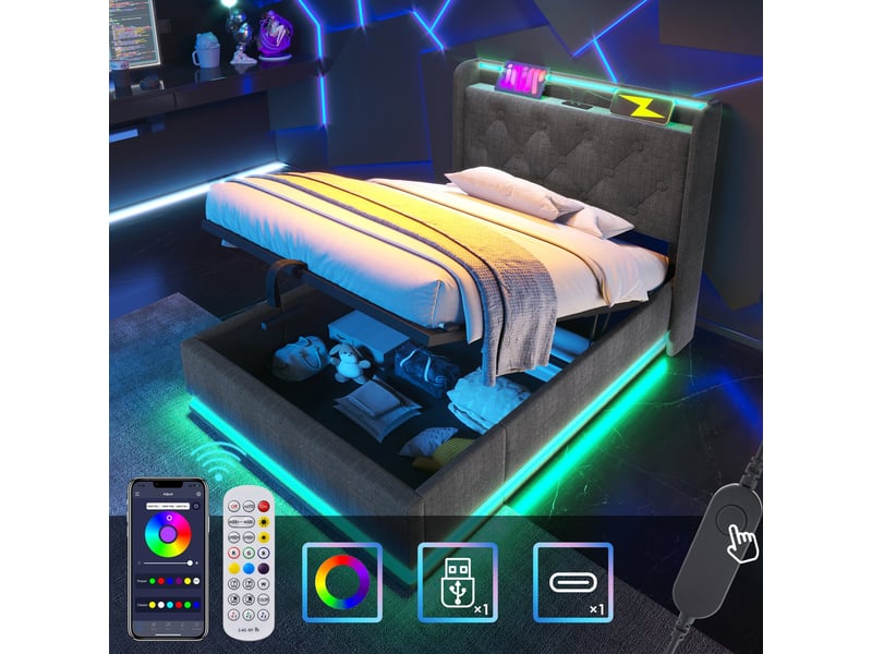  Lit coffre 90x200 cm, rangement hydraulique, éclairage led, usb et usb-c, tête de lit avec rangement pour chambre - gris  - Conforama D