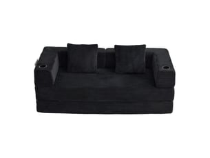 Canapé convertible 2 places en velours côtelé noir, pliable, avec porte-gobelet et poche latérale, pour salon