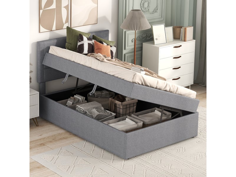  Lit rembourré 90 x 200 cm sans matelas, sommier à lattes, grand rangement, gris pour chambre  - Conforama C