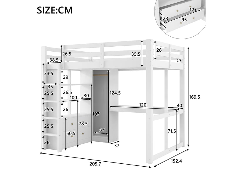  Lit mezzanine 140x200 cm blanc, avec bureau, 2 tiroirs, étagères, penderie, led, usb, sommier inclus, sans matelas  - Conforama C