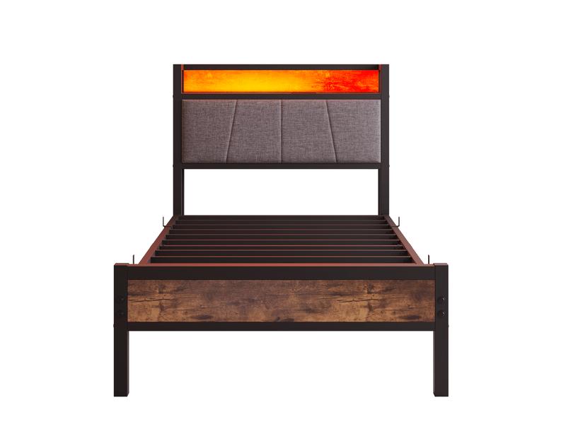  Lit simple 90x200 cm, couleur marron+noir, mdf et métal, led équipé de prise et usb  - Conforama A