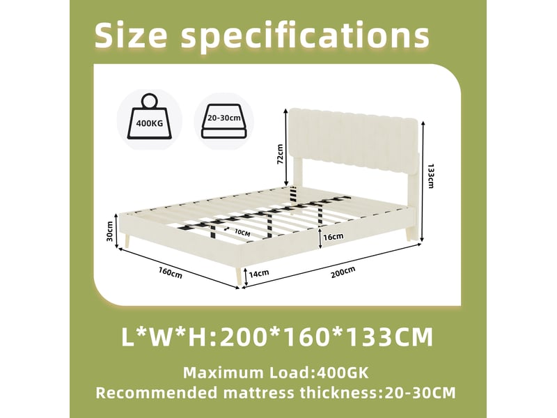  Lit rembourré 160 × 200 cm 2 places avec tête de lit moelleuse, sans matelas, en tissu beige  - Conforama D