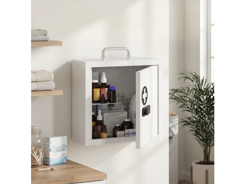 Armoire à pharmacie murale 30 x 14 x 30 cm – blanc – serrure à code, 2 niveaux et poignée de transport - Conforama B