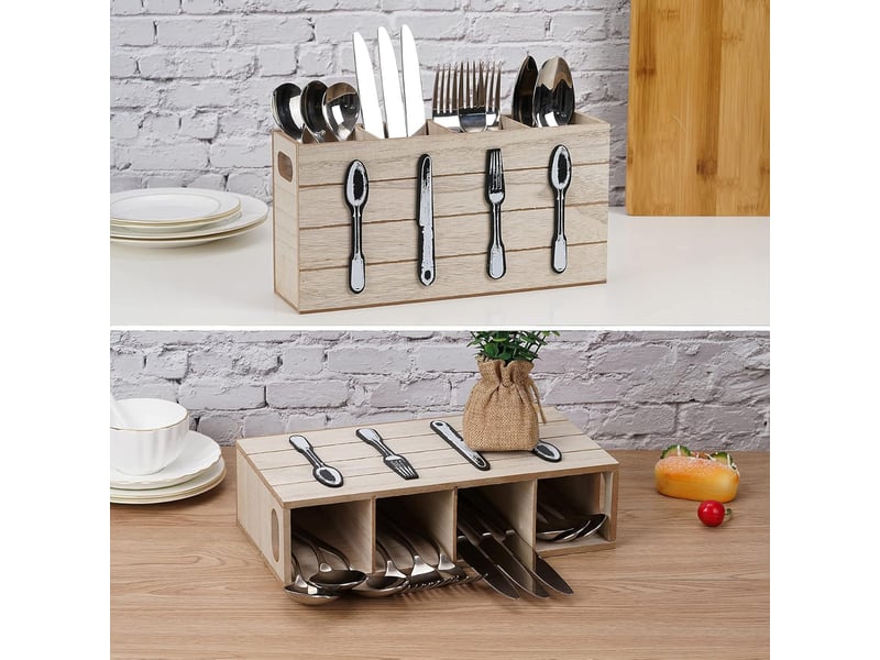Range-couverts rustique 4 compartiments en bois – porte-couverts - Conforama E