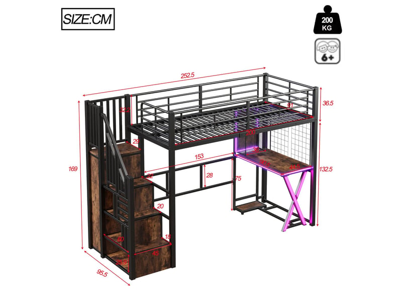  Lit mezzanine 90x200 cm avec led bureau et armoire - lit simple - escalier rangement, étagères, métal noir idéal gamer  - Conforama C