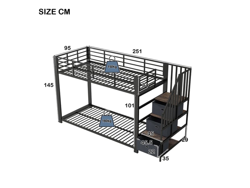  Lit superposé 90x200 cm - lit double en métal avec escalier de rangement, led et prises - noir  - Conforama E