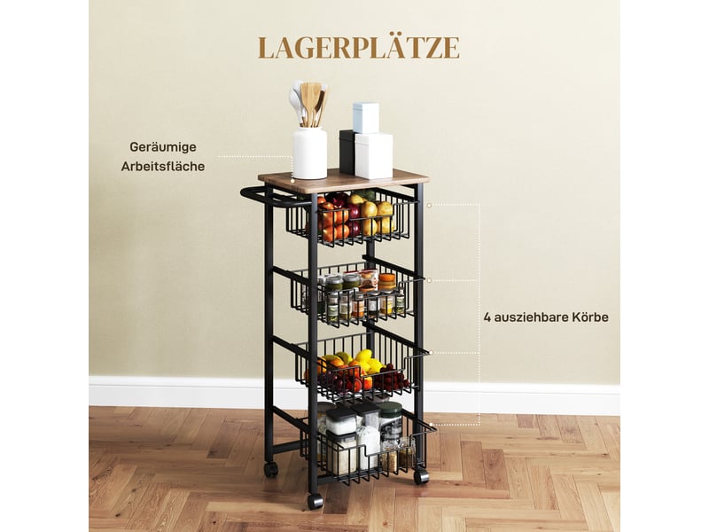  Desserte de cuisine à roulettes avec 4 paniers coulissants - lpospi - plateau mdf, acier - chêne 49,5 × 31 × 91 cm  - Conforama E
