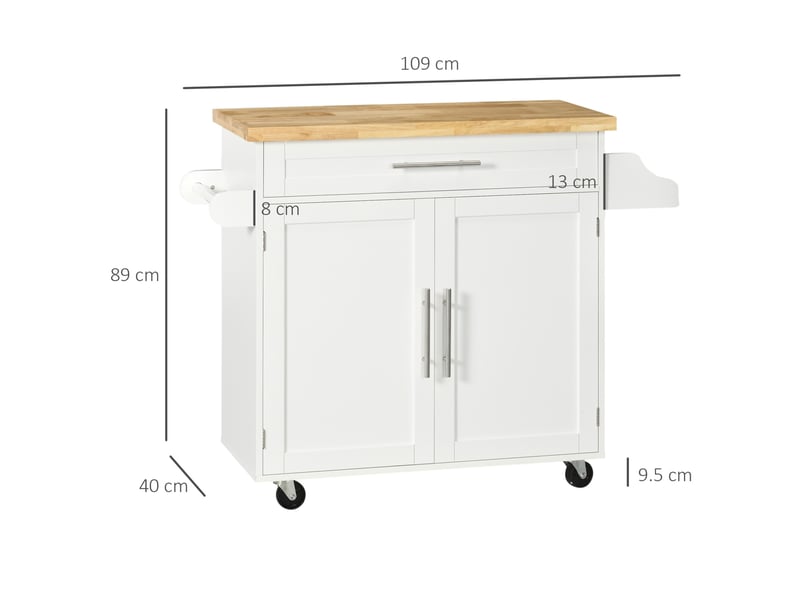 Desserte de cuisine 109 x 40 x 89 cm blanche en mdf, plateau de travail, rangement latéral et roulettes - Conforama C