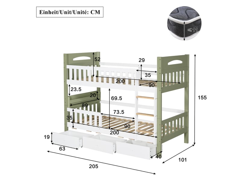 Lit superposé enfant 90 × 200 cm 2 places avec 3 tiroirs, échelle et étagère, sans matelas, en bois, blanc et vert  - Conforama D