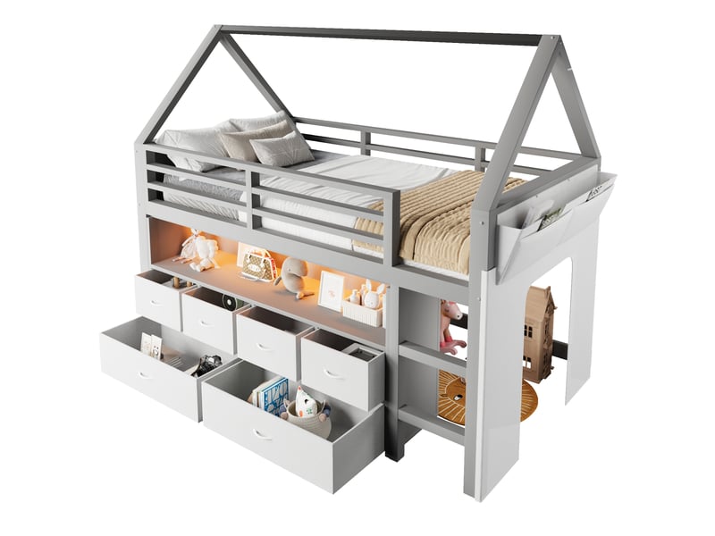 Lit mezzanine cabane enfant 90x200 cm avec 6 tiroirs en tissu, guirlande led multicolore, rideau latéral et poche de rangement, pin et mdf, gris - Conforama A
